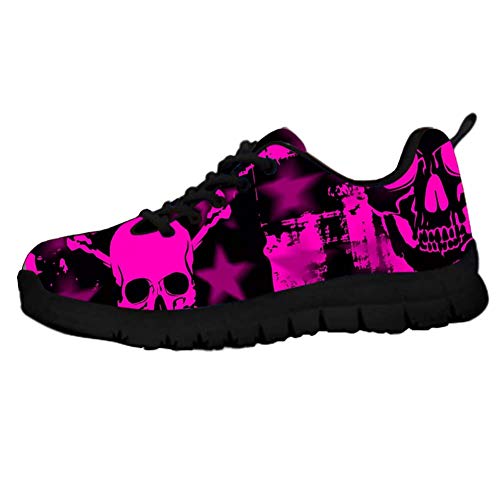 HUGS IDEA Damen Sugar Floral Skull Sneakers Leichte Flexible Laufschuhe, Punk Totenkopf Magenta, 38 EU von HUGS IDEA