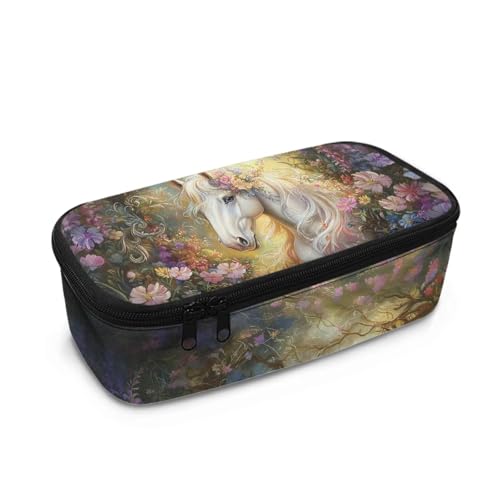 HUGS IDEA Federmäppchen für die Schule, mit mehreren Fächern, leichter Stifthalter, Weißes Pferd mit Blumenmuster, Einheitsgröße, Schulranzen von HUGS IDEA