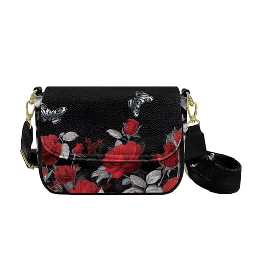 HUGS IDEA Gothic Umhängetasche für Damen, Leder, Crossbody-Tasche mit breitem Riemen, modische Handtasche, Roter Rosen-Schmetterling, Einheitsgröße von HUGS IDEA