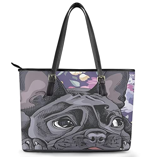 HUGS IDEA Große Leder-Handtasche für Damen, Geldbörse, Reißverschluss, Tragegriff oben, für Reisen, Arbeit, Französische Bulldogge von HUGS IDEA