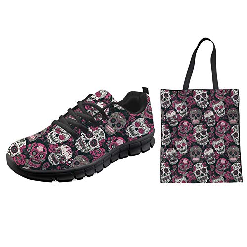 HUGS IDEA Gym Training Sneaker Canvas Bag Set, Gothic Schädel Tag des Toten Blumenschädels Halloween Schnüren Low Top Atmungsaktive Mesh Sportschuhe EU 46 von HUGS IDEA