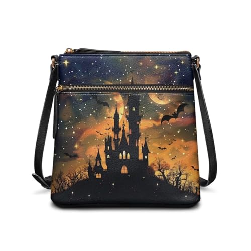 HUGS IDEA Halloween Castle Crossbody Geldbörse für Damen, Lederhandtaschen mit verstellbarem Riemen, Retro-Umhängetasche für Halloween-Party, stilvolle Handy-Geldbörse von HUGS IDEA
