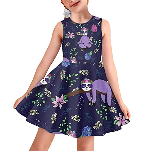 HUGS IDEA Kinder Mädchen Casual Flowy Sommerkleid Hohe Taille Rundhalsausschnitt Tank Kleid Alter 3-16 Jahre Mädchen Spielkleid, Cartoon Faultier, 7-8 Jahre von HUGS IDEA