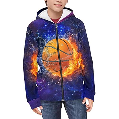 HUGS IDEA Kinder Mode Hoodie Sweatshirt mit Tasche für Jungen Mädchen Alter 7-16 Jahre Reißverschluss Jacke Mantel, Galaxy Fire Basketball, 9 - 10 Jahre von HUGS IDEA