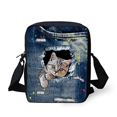 HUGS IDEA Nette Frauen Denim Katze Hund Gedruckt Kleine Umhängetasche Mini Schulter Handtaschen, Blau 4, Small von HUGS IDEA