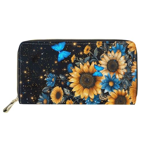 HUGS IDEA Lange Geldbörse für Damen, Motiv: Sonnenblume und Schmetterling, PU-Leder, Reißverschluss, Clutch, Geldbörse, Kreditkartenhalter, lange Geldbörse für Outdoor, Reisen, Einkaufen, von HUGS IDEA