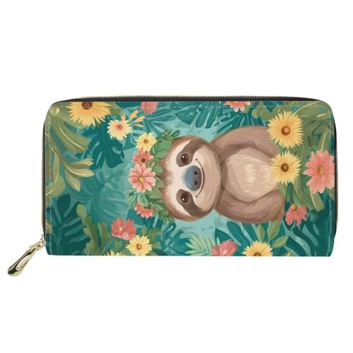 HUGS IDEA Lustiges Faultier-Blumendruck, Damen-Geldbörse, Clutch, lange Geldbörse, Kreditkartenhalter, PU-Leder, Reißverschluss, Outdoor, Reisen, Münztaschen, Lustiges Faultier-Blumenmuster von HUGS IDEA