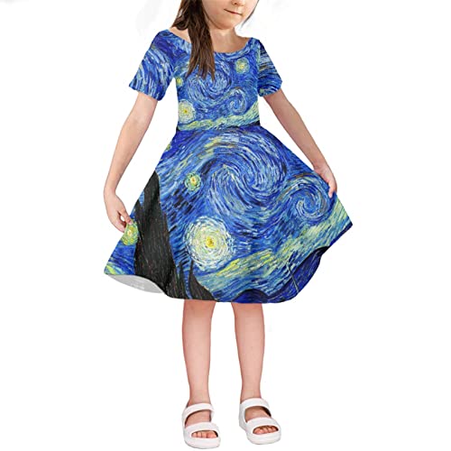 HUGS IDEA Mädchen Prinzessin Kleid Casual Kurzarm Kleid für Sommer bequem & atmungsaktiv Blume Musik Note Kaninchen Avocado, Van Gogh Sternennacht, 8 Jahre von HUGS IDEA