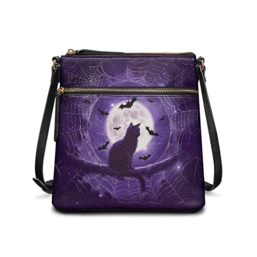 HUGS IDEA Moon Cat Hobo-Tasche für Damen, leicht, Leder, Crossbody-Tasche mit Reißverschlusstaschen, großes Fassungsvermögen, für den täglichen Gebrauch von HUGS IDEA