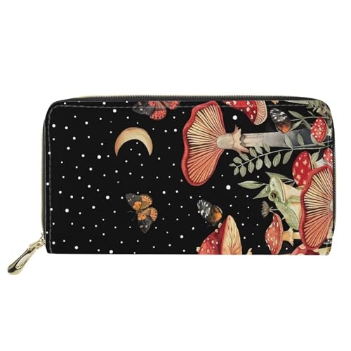 HUGS IDEA Mushroom Moon Long Damen Geldbörse Clutch Bag Geldbörse Reißverschluss Rund PU Leder Kreditkartenhalter Reise Münztasche Lange Geldbörse, Mushroom Moon von HUGS IDEA