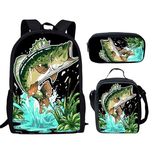 HUGS IDEA Schulranzen-Set für Jungen und Teenager, 3-in-1-Rucksack mit isolierter Lunchbox, tragbarer Box und Federmäppchen, Angeln von HUGS IDEA