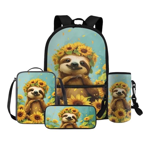 HUGS IDEA Schulrucksack für Mädchen 4-6 6-8 8-10 10-12 Kinder Schultasche 4-in-1 Schultaschen-Set, Niedliche Faultier, Einheitsgröße, Rucksack Rucksäcke von HUGS IDEA