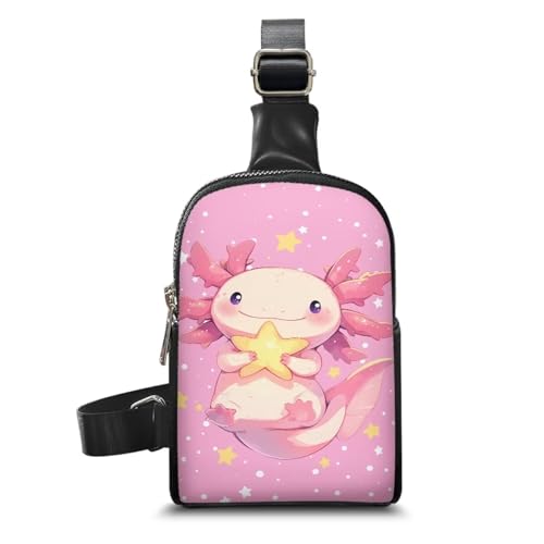 HUGS IDEA Schultertasche für Damen, Leder, Umhängetasche, Geldbörse, Sling-Rucksack, modische Reise-Brusttasche, Pink Cartoon Axolotl von HUGS IDEA