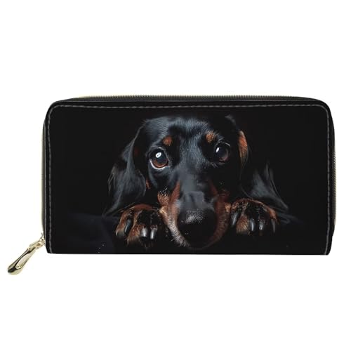 HUGS IDEA Schwarze Dackel-Druck Damen Lange PU Leder Geldbörse Clutch Tasche Geldbörse Kreditkartenhalter Reißverschluss Rund Lange Geldbörse für Reisen Einkaufen, Schwarzer Dackel von HUGS IDEA