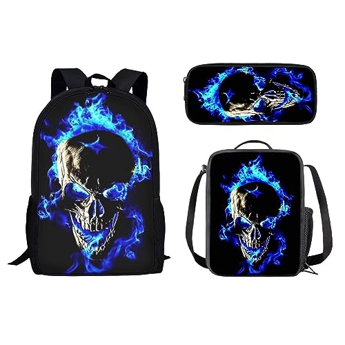 HUGS IDEA Shark Rucksack Set für Kinder Jungen 3-teilig Schulranzen mit Thermo-Lunchbox Federmäppchen, Blauer Flammen-Schädel, 17 inch (3PCS Set), Kinderrucksack von HUGS IDEA