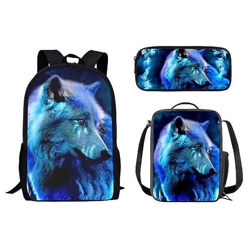 HUGS IDEA Shark Rucksack Set für Kinder Jungen 3-teilig Schulranzen mit Thermo-Lunchbox Federmäppchen, Blauer Wolf, 17 inch (3PCS Set), Kinderrucksack von HUGS IDEA