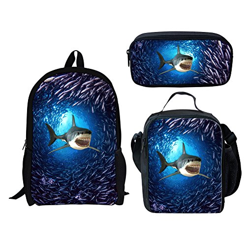 HUGS IDEA Shark Rucksack Set für Kinder Jungen 3-teilig Schulranzen mit Thermo-Lunchbox Federmäppchen, Blaues Hai-Muster-Set, 17 inch (3PCS Set), Taschen-Organizer von HUGS IDEA