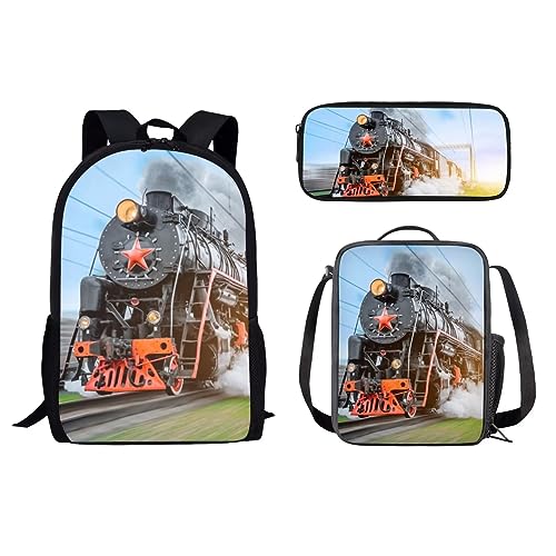 HUGS IDEA Shark Rucksack Set für Kinder Jungen 3-teilig Schulranzen mit Thermo-Lunchbox Federmäppchen, Dampfzug, 17 inch (3PCS Set), Kinderrucksack von HUGS IDEA