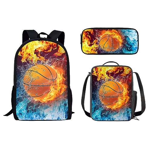 HUGS IDEA Shark Rucksack Set für Kinder Jungen 3-teilig Schulranzen mit Thermo-Lunchbox Federmäppchen, Feuer Wasser Basketball, 17 inch (3PCS Set), Kinderrucksack von HUGS IDEA