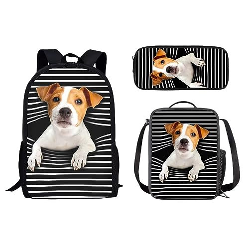 HUGS IDEA Shark Rucksack Set für Kinder Jungen 3-teilig Schulranzen mit Thermo-Lunchbox Federmäppchen, Jack Russell Terrier, 17 inch (3PCS Set), Kinderrucksack von HUGS IDEA