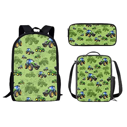 HUGS IDEA Shark Rucksack Set für Kinder Jungen 3-teilig Schulranzen mit Thermo-Lunchbox Federmäppchen, Traktor, 17 inch (3PCS Set), Kinderrucksack von HUGS IDEA