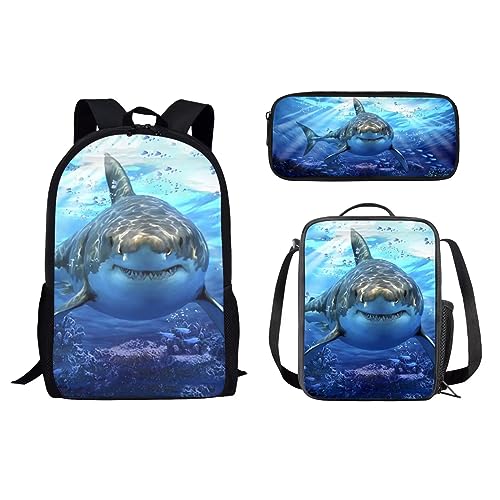 HUGS IDEA Shark Rucksack Set für Kinder Jungen 3-teilig Schulranzen mit Thermo-Lunchbox Federmäppchen, Unterwasser-Ozean-Hai, 17 inch (3PCS Set), Kinderrucksack von HUGS IDEA