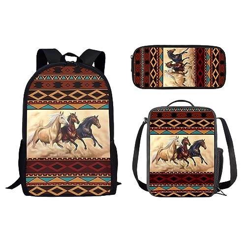 HUGS IDEA Shark Rucksack Set für Kinder Jungen 3-teilig Schulranzen mit Thermo-Lunchbox Federmäppchen, Western Horse Geometrisch, 17 inch (3PCS Set), Kinderrucksack von HUGS IDEA