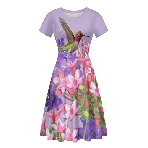 HUGS IDEA Sommer Casual Midi Kleider Damen Niedlich Tier Print A-Linie Swing Kleid Größe S-XXL, Blumiger Kolibri., XX-Large von HUGS IDEA