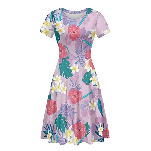 HUGS IDEA Sommer Casual Midi Kleider Damen Niedlich Tier Print A-Linie Swing Kleid Größe S-XXL, Hibiskusblüten, XX-Large von HUGS IDEA