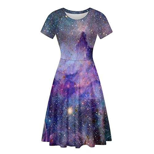 HUGS IDEA Sommer Casual Midi Kleider Damen Niedlich Tier Print A-Linie Swing Kleid Größe S-XXL, Lila Galaxy, XXXXL von HUGS IDEA