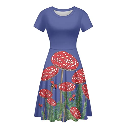 HUGS IDEA Sommer Casual Midi Kleider Damen Niedlich Tier Print A-Linie Swing Kleid Größe S-XXL, Roter Pilz, Small von HUGS IDEA