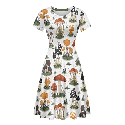 HUGS IDEA Sommer Casual Midi Kleider Damen Niedlich Tier Print A-Linie Swing Kleid Größe S-XXL, Süßer Pilz, XX-Large von HUGS IDEA