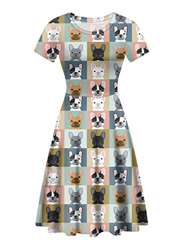 HUGS IDEA Sommer Casual Midikleider Weiblich Niedlich Tierdruck A-Linie Swing Kleid Größe S-XXL, Französische Bulldogge, Medium von HUGS IDEA