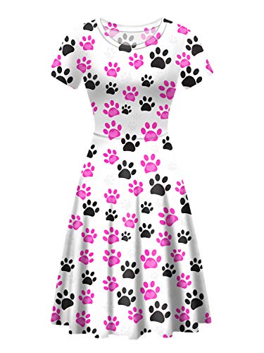 HUGS IDEA Sommer Casual Midikleider Weiblich Niedlich Tierdruck A-Linie Swing Kleid Größe S-XXL, Fußabdrücke 2, Medium von HUGS IDEA