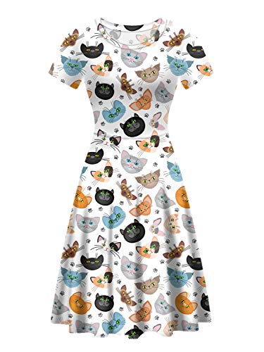 HUGS IDEA Sommer Casual Midikleider Weiblich Niedlich Tierdruck A-Linie Swing Kleid Größe S-XXL, Haustier Katzen, L von HUGS IDEA