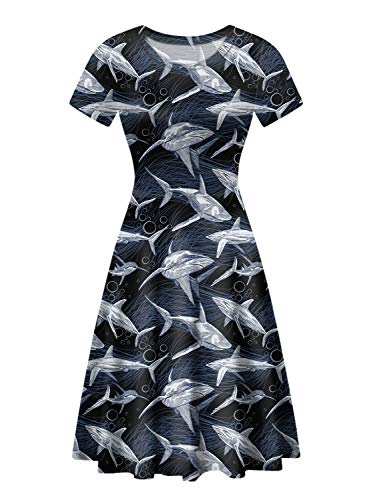 HUGS IDEA Sommer Casual Midikleider Weiblich Niedlich Tierdruck A-Linie Swing Kleid Größe S-XXL, Marine Hai, Small von HUGS IDEA