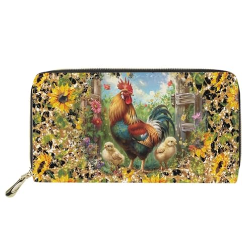 HUGS IDEA Sonnenblume Hühner Druck Damen Lange Geldbörse Clutch Tasche Geldbörse PU Leder Reißverschluss Rund Münztasche Lange Geldbörse für Outdoor Reisen Einkaufen, Sonnenblumen-Hühner von HUGS IDEA