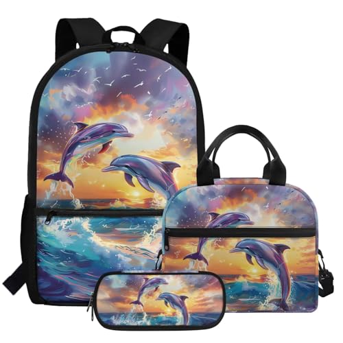 HUGS IDEA Süßer Rucksack für die Schule mit Lunchbox und Federmäppchen Mädchen Schultasche 3 in 1 Set, Jummping Dolphin, Einheitsgröße, Rucksack Backpacks von HUGS IDEA
