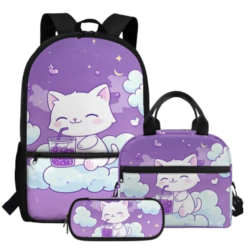 HUGS IDEA Süßer Rucksack für die Schule mit Lunchbox und Federmäppchen Mädchen Schultasche 3 in 1 Set, Katze, niedlich, Einheitsgröße, Rucksack Backpacks von HUGS IDEA