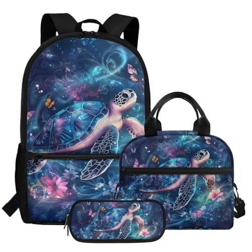 HUGS IDEA Süßer Rucksack für die Schule mit Lunchbox und Federmäppchen Mädchen Schultasche 3 in 1 Set, Meeresschildkröte, Einheitsgröße, Rucksack Backpacks von HUGS IDEA