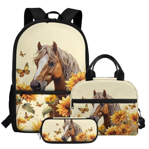 HUGS IDEA Süßer Rucksack für die Schule mit Lunchbox und Federmäppchen Mädchen Schultasche 3 in 1 Set, Sonnenblumenpferd, Einheitsgröße, Rucksack Backpacks von HUGS IDEA