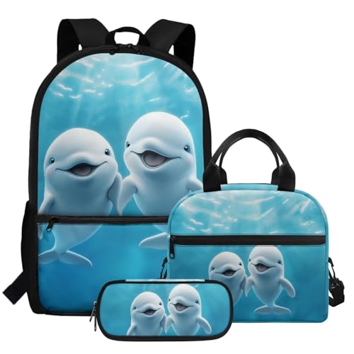 HUGS IDEA Süßer Rucksack für die Schule mit Lunchbox und Federmäppchen Mädchen Schultasche 3 in 1 Set, Süße Delfine, Einheitsgröße, Rucksack Backpacks von HUGS IDEA