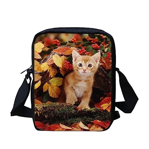 HUGS IDEA Tiermuster Mini Crossbody Tasche Reise Sling Umhängetasche Handytasche, Katze im Herbst Blätter von HUGS IDEA