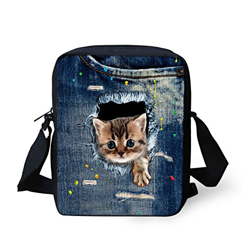 HUGS IDEA Kleine Umhängetasche für Damen, Denim, mit Katzen- und Hundemotiv, (Blau 2), Small von HUGS IDEA