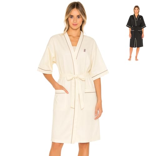 HUGYOU® Morgenmantel Damen leicht Kurzarm [Leichter Stoff] Onesize bis 1,85m | Bademantel Damen kurz | Leichter Bademantel Damen schwarz von HUGYOU