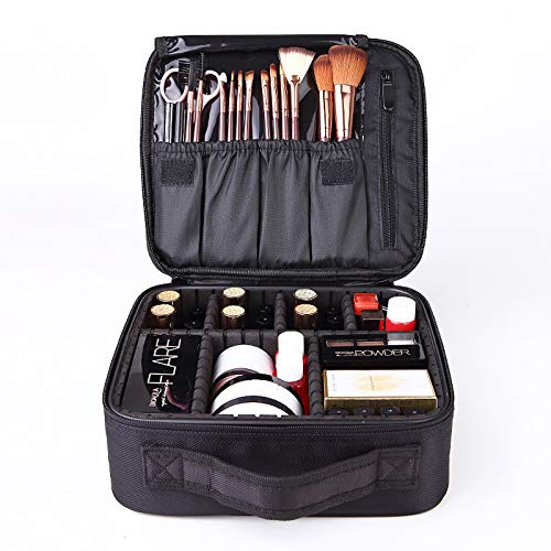 Schminktasche mit Bürste, wasserdichte Make-up-Aufbewahrungstasche für kosmetische Organizer, großvolumige Aufbewahrungsbox für Toilettenartikel mit verstellbaren Fächern (schwarz) von HUHIK