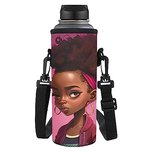 HUIACONG Afro Mädchen Wasserflasche Tragetasche Rosa Wasserflasche Träger Isolierte Tragbare Sling Flasche Tasche Fall mit Verstellbarem Schultergurt Wasserflasche Sling Halter Tasche für Frauen von HUIACONG