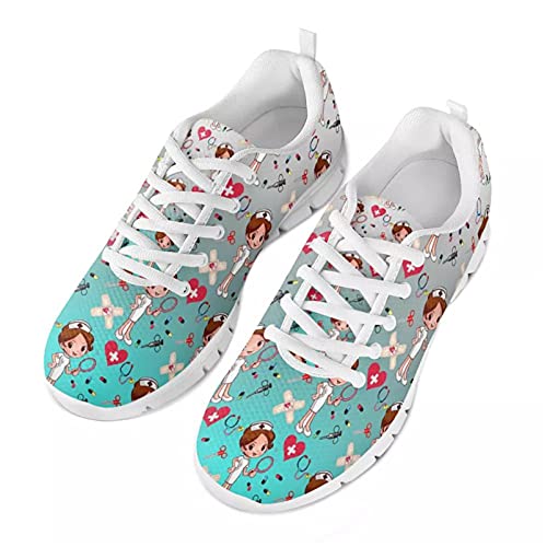 HUIACONG Damen Laufschuhe Atmungsaktiv Turnschuhe Schnürer Sportschuhe Sneaker Cartoon Bär Nurse Bear Turnschuhe Fitness Gym Leichtes Bequem Schuhe Blaue Krankenschwester 40 EU von HUIACONG