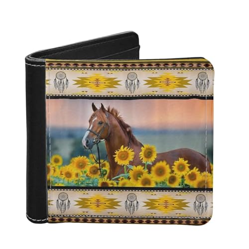 HUIACONG Herren Slim Thin Wallets Cash Coins Storage Card Holder Bifold Wallets, Aztec Dreamchaser Sonnenblumenpferd, Einheitsgröße, Casual von HUIACONG