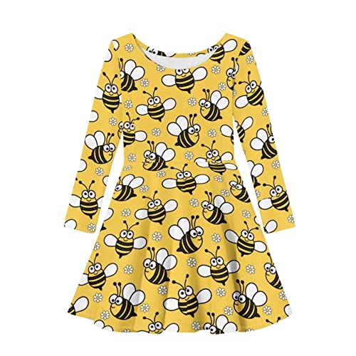 HUIACONG Kleinkind Langarm Kleid Mädchen A-Linie Swing Kleid für 3-16 Alter, Bienen-Gänseblümchen, Gelb, 3-4 Jahre von HUIACONG
